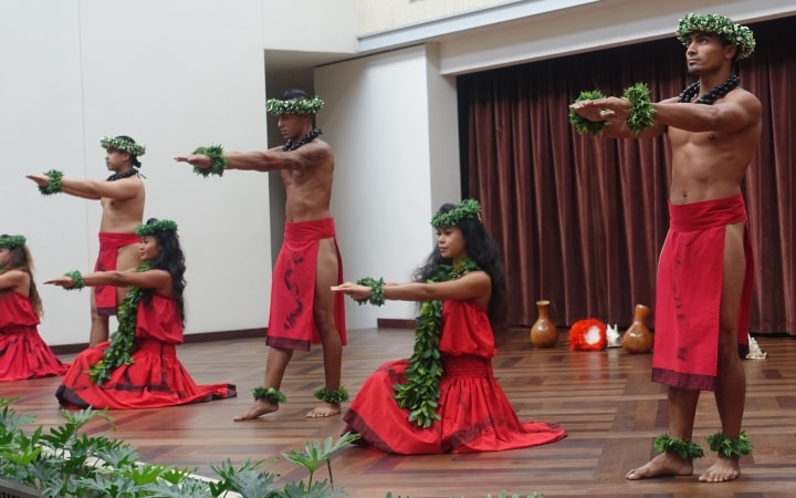 Hula dancers commemorating the Makahiki festival.